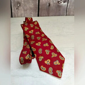 Brooks Basics Necktie Tie Pure Silk Made in USA Red Gold Blue Paisley Print